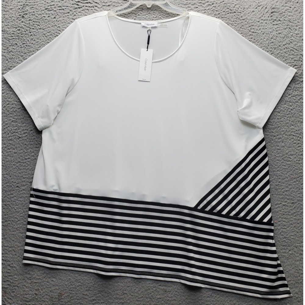 Calvin Klein Asymmetrical Top Womens 3X Multi Striped-Trim Side Slit Round Neck